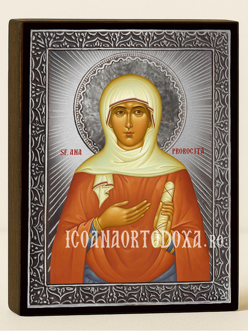 Icoană cu Sfânta Ana Prorocița cu raze argintii decorative