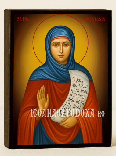 Icoană cu Sfânta Anastasia pe fundal galben cald