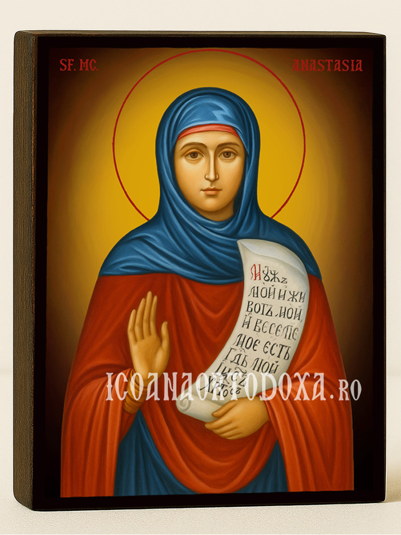 Icoană cu Sfânta Anastasia pe fundal galben cald