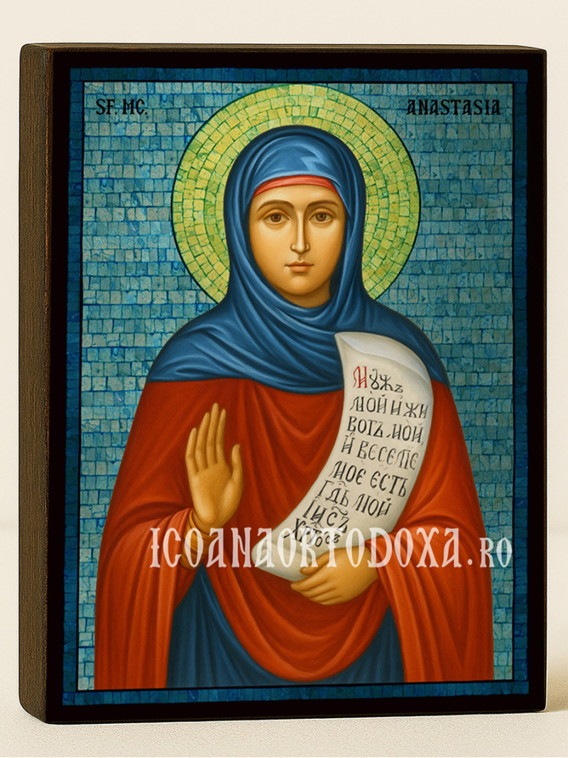 Icoană cu Sfânta Anastasia cu mozaic albastru argintiu