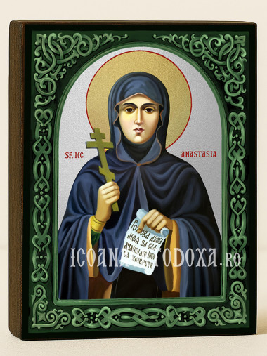 Icoană cu Sfânta Anastasia cu arcadă florală verde