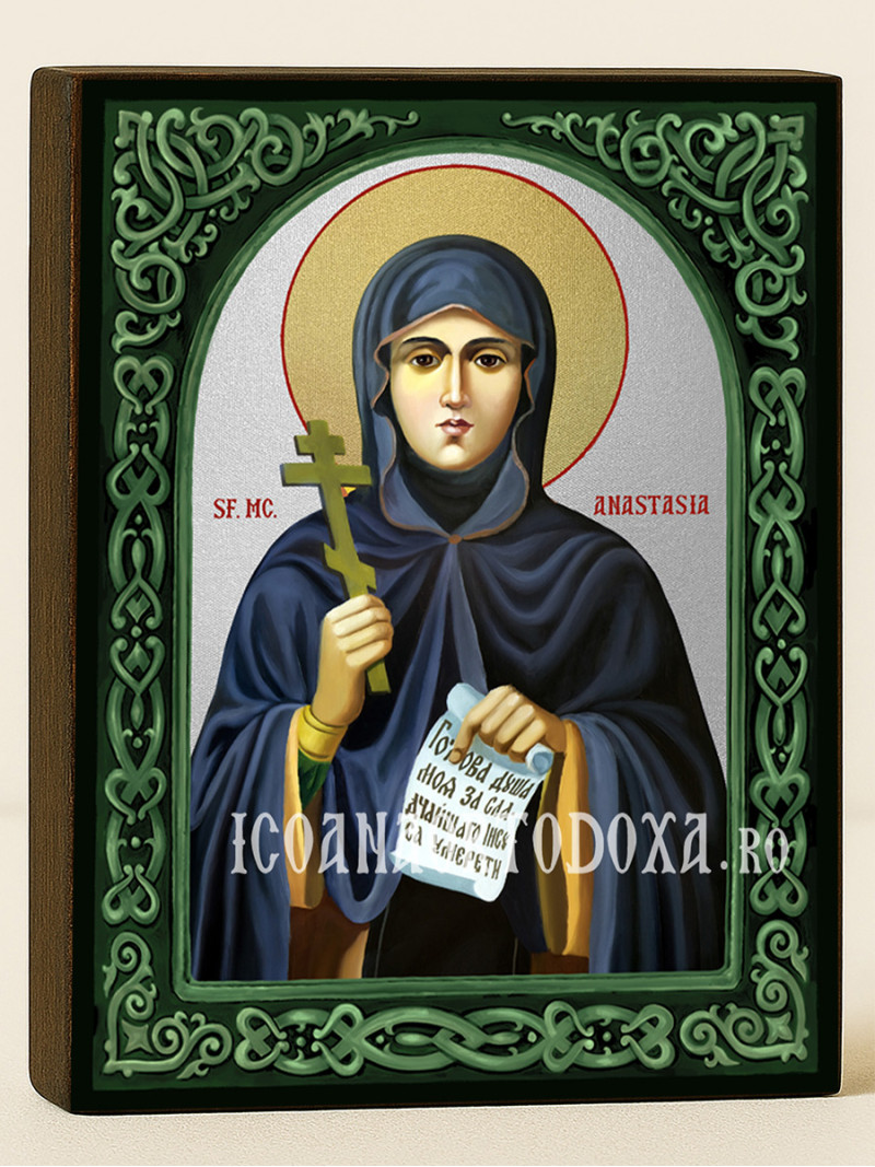 Icoană cu Sfânta Anastasia cu arcadă florală verde