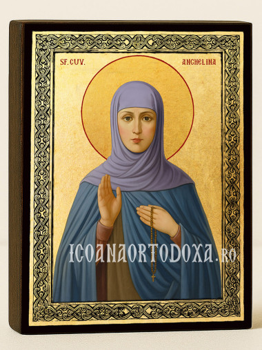 Icoană aurită cu Sfânta Angelina și ramă decorativă