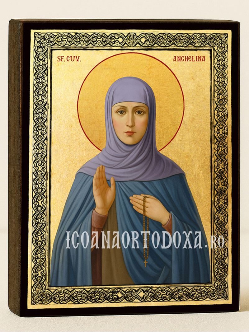 Icoană aurită cu Sfânta Angelina și ramă decorativă