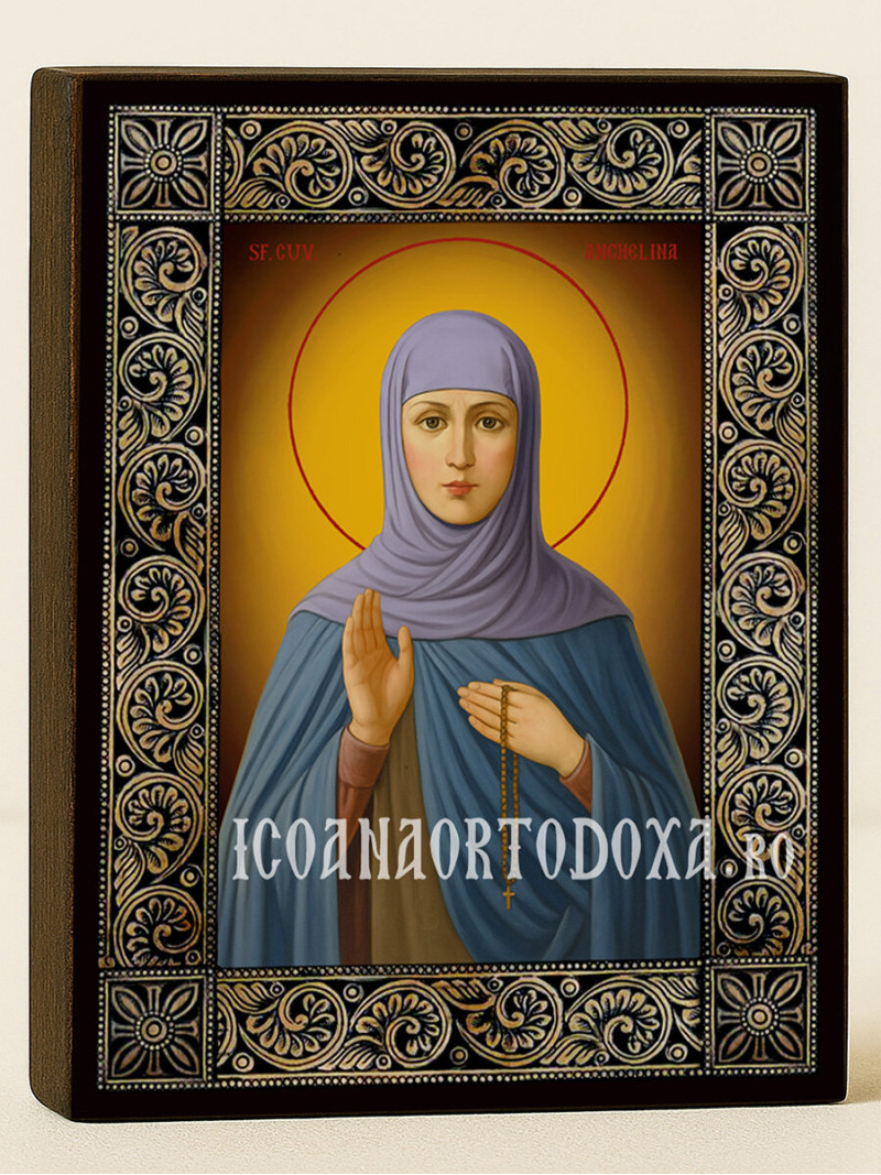 Icoană cu Sfânta Angelina cu ramă florală decorativă