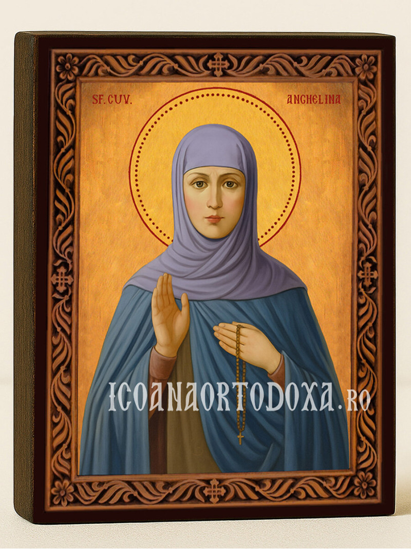 Icoană cu Sfânta Angelina cu ramă decorativă sculpturală