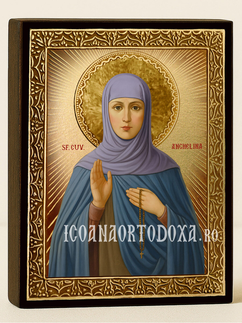 Icoană cu Sfânta Angelina cu raze aurii decorative