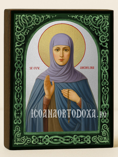 Icoană cu Sfânta Angelina cu arcadă florală verde