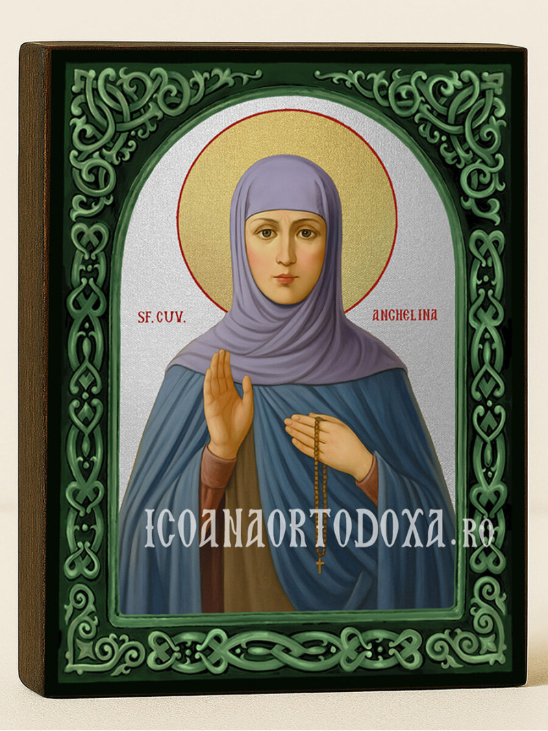 Icoană cu Sfânta Angelina cu arcadă florală verde