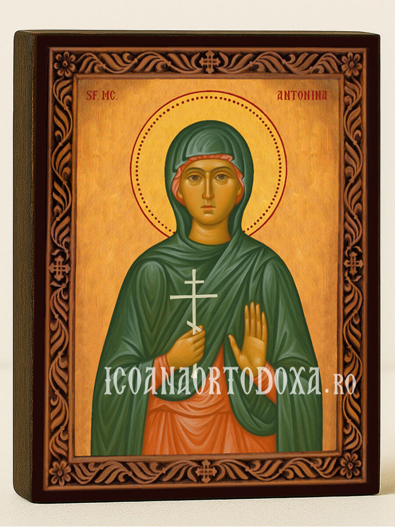 Icoană cu Sfânta Antonina cu ramă decorativă sculpturală