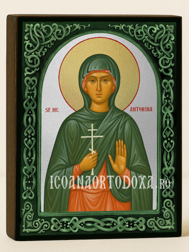 Icoană cu Sfânta Antonina cu arcadă florală verde