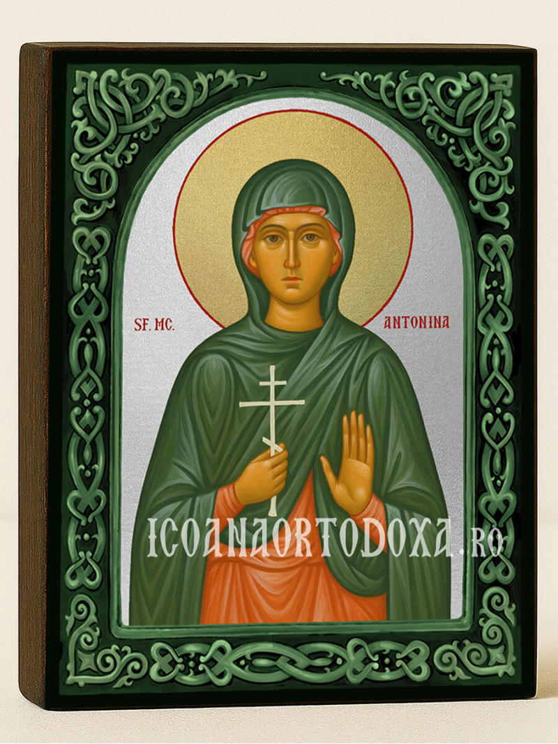 Icoană cu Sfânta Antonina cu arcadă florală verde