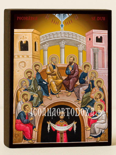 Icoană ortodoxă cu Sfânta Cincizecime cu fundal galben luminos
