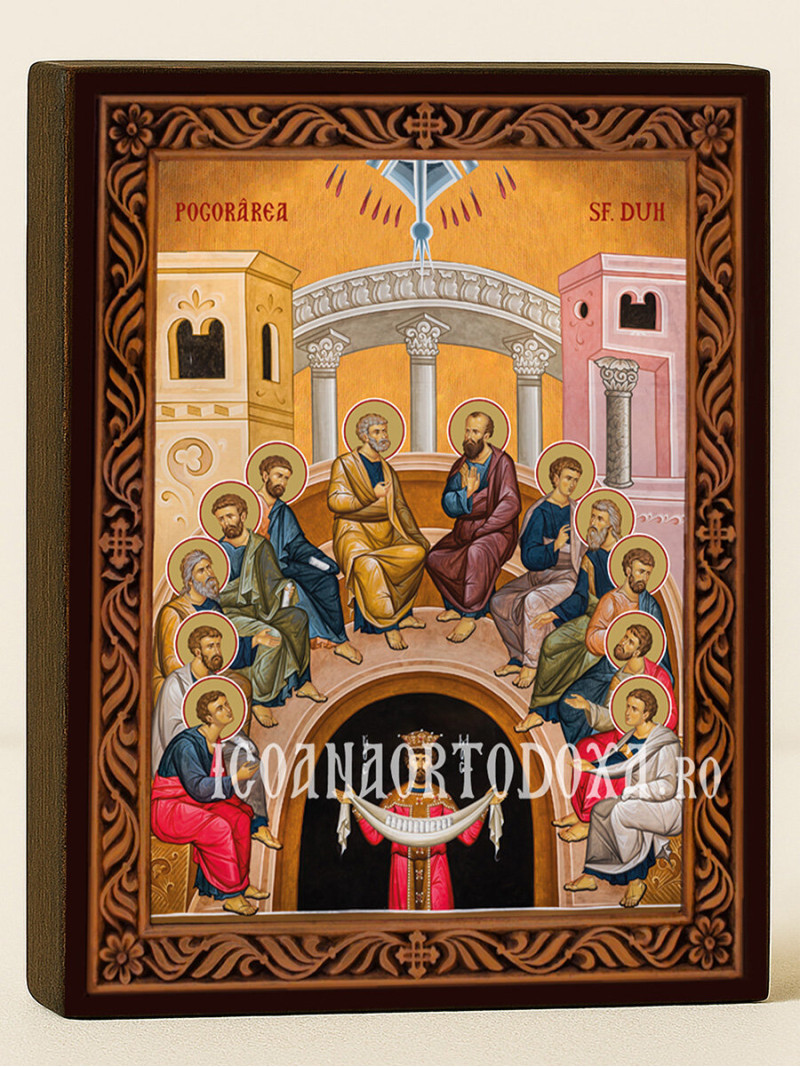 Icoană ortodoxă cu Sfânta Cincizecime cu ramă decorativă stil sculptat