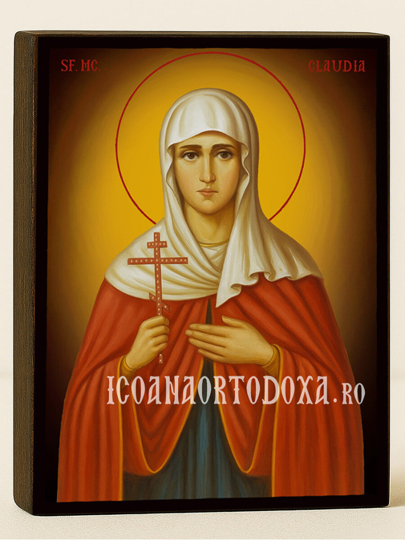 Icoană cu Sfânta Claudia cu fundal galben luminos