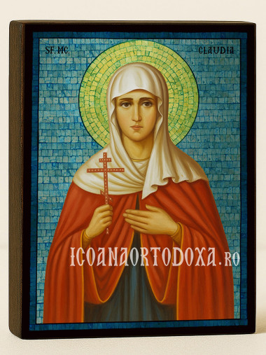 Icoană cu Sfânta Claudia cu mozaic albastru argintiu