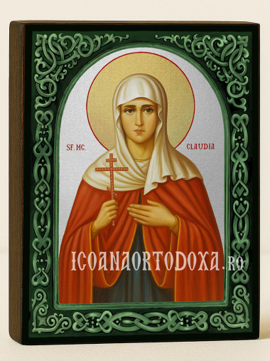 Icoană cu Sfânta Claudia cu arcadă florală verde și fond argintiu