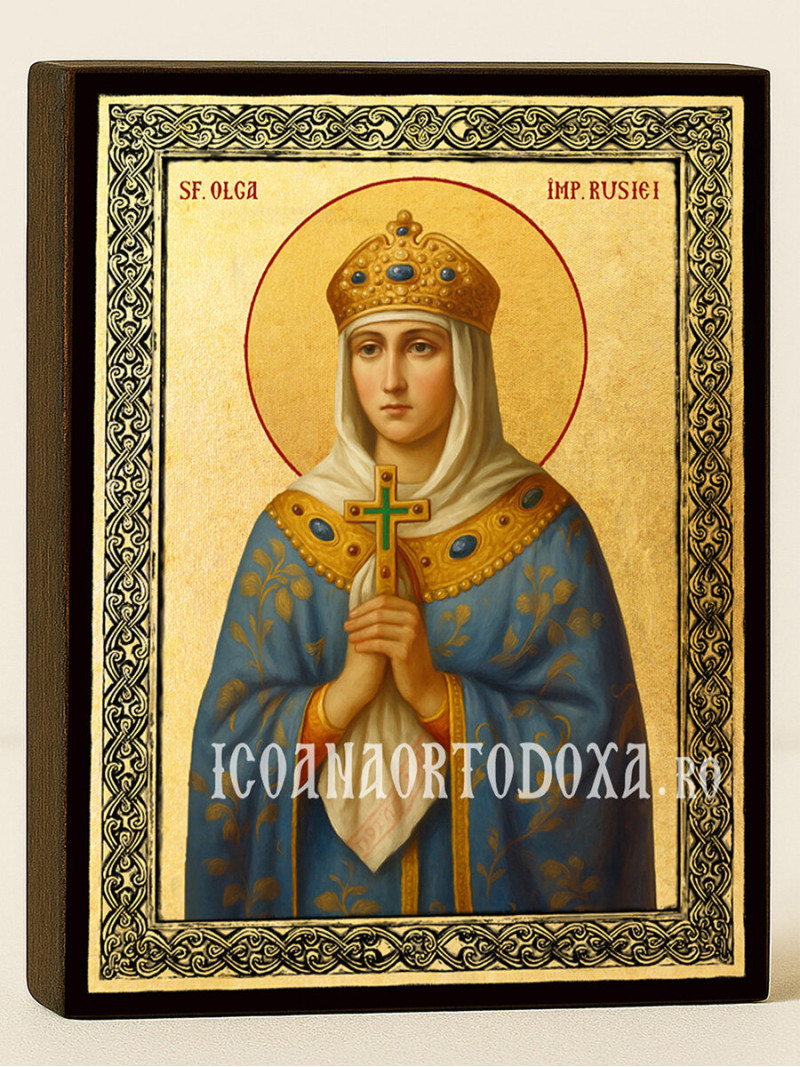Icoană aurită cu Sfânta Cneaghina Olga și ramă decorativă