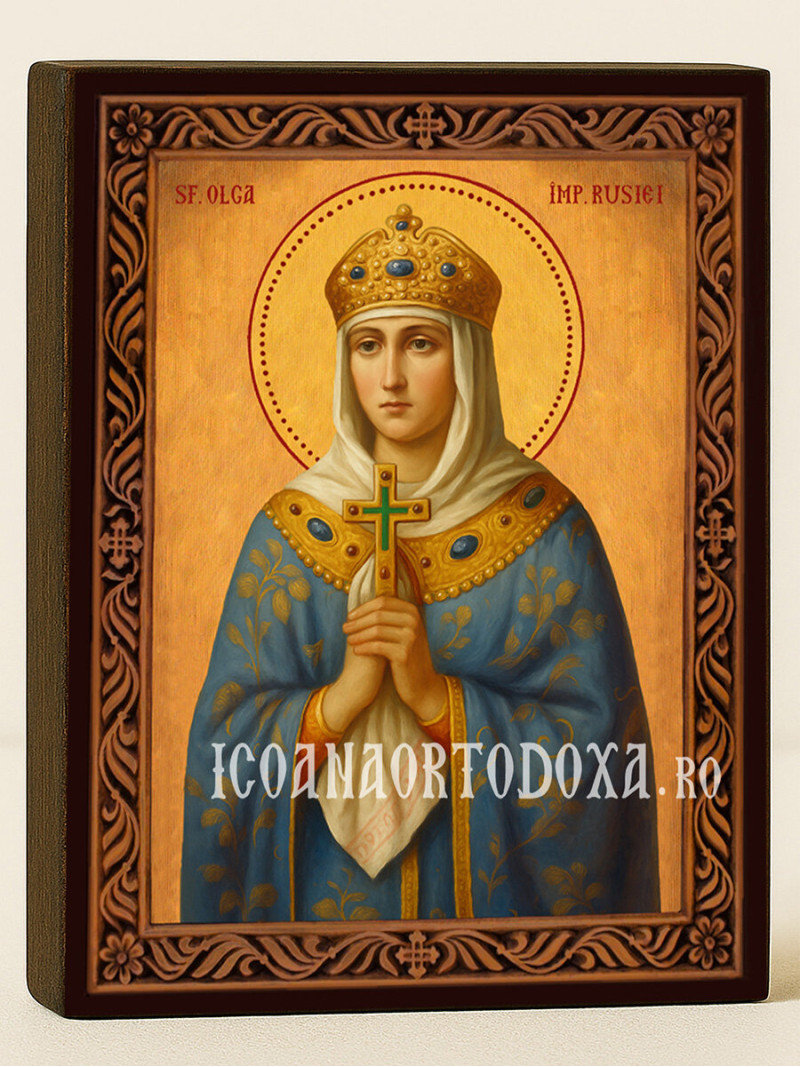 Icoană cu Sfânta Cneaghina Olga cu ramă decorativă rustică