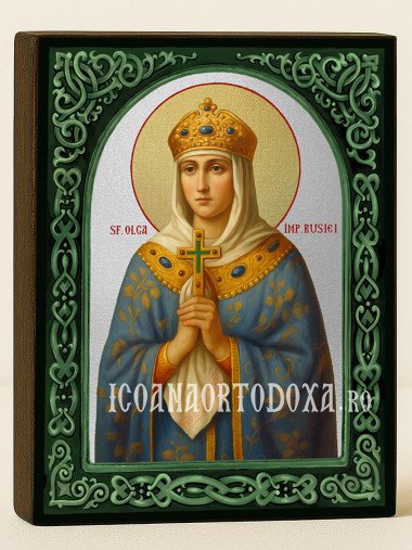 Icoană cu Sfânta Cneaghina Olga cu arcadă florală verde și fundal argintiu