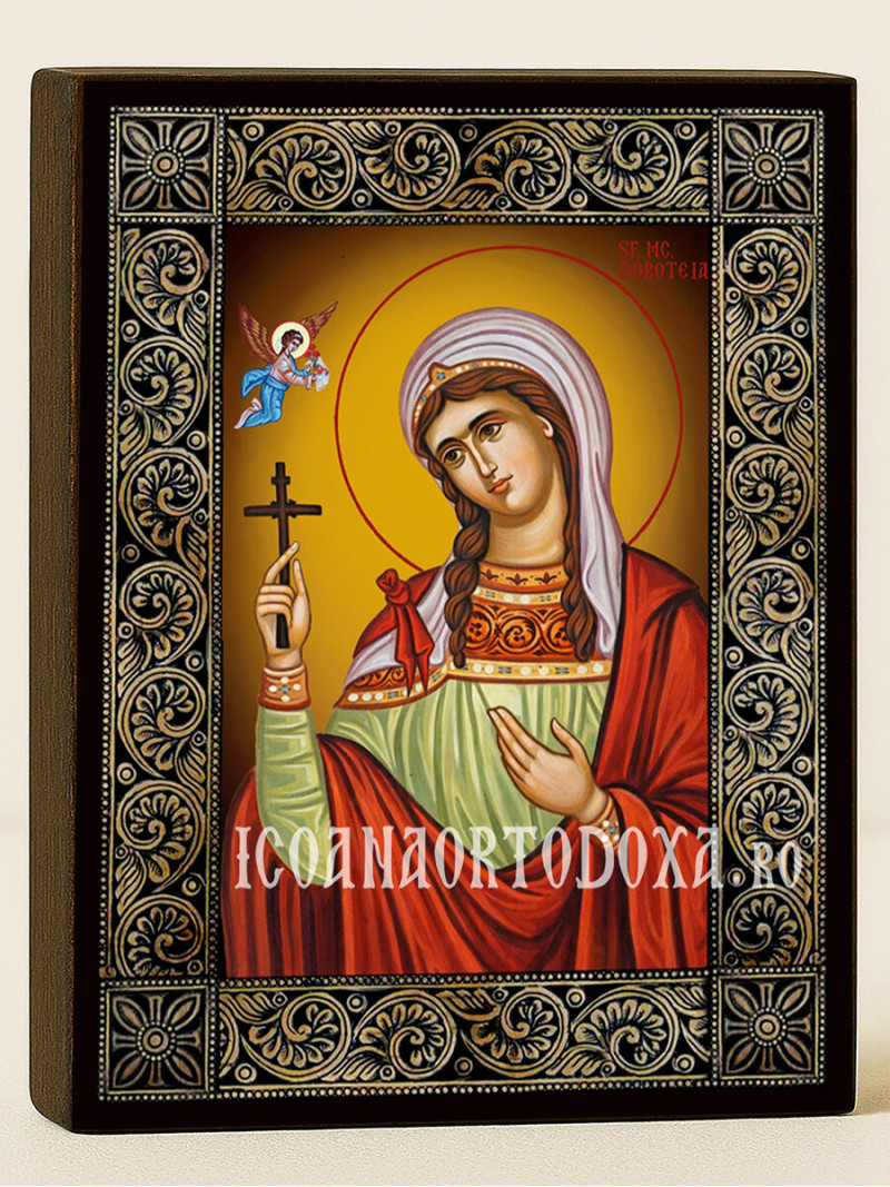 Icoană cu Sfânta Doroteia cu ramă florală decorativă
