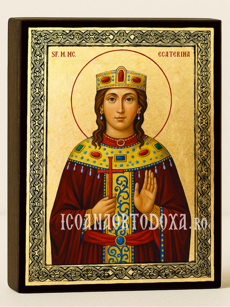 Icoană aurită cu Sfânta Ecaterina și ramă decorativă