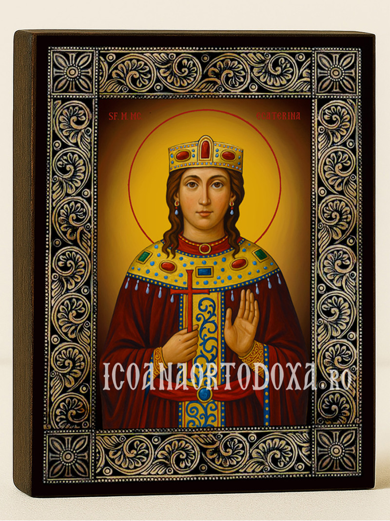 Icoană cu Sfânta Ecaterina cu ramă florală decorativă