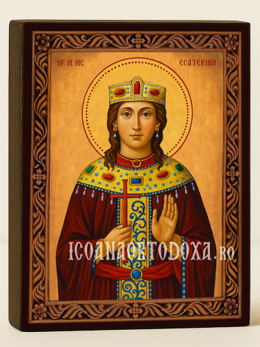 Icoană cu Sfânta Ecaterina cu ramă decorativă sculpturală