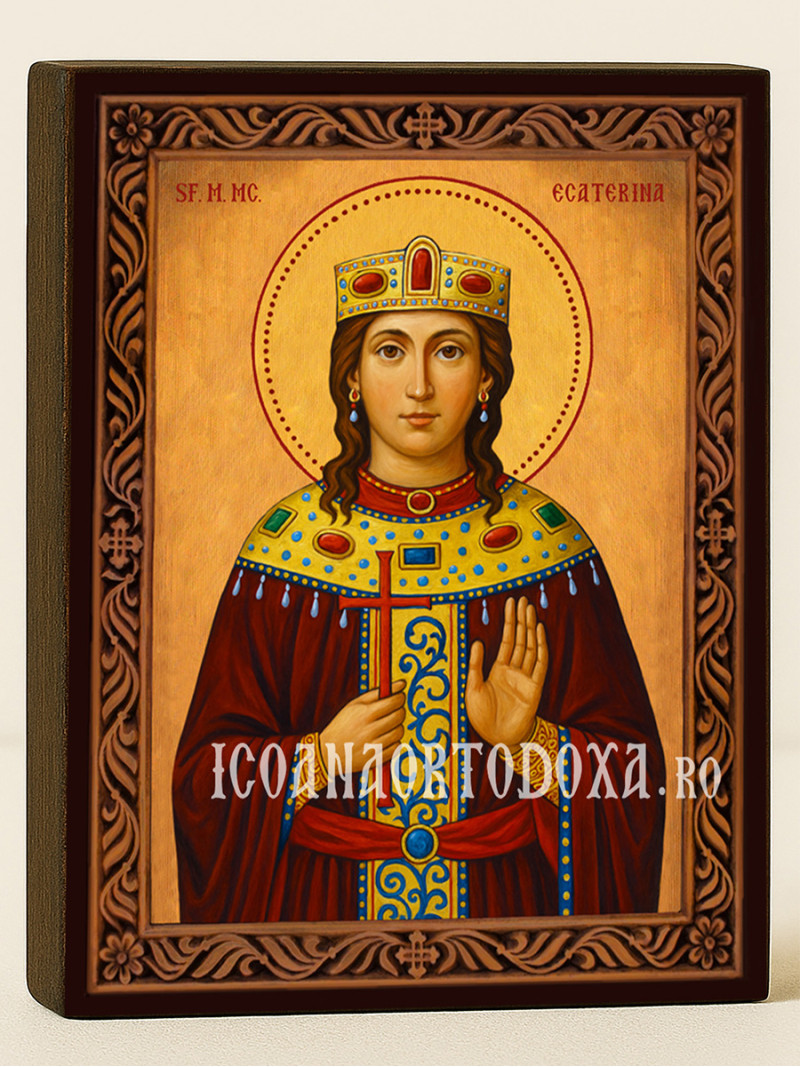 Icoană cu Sfânta Ecaterina cu ramă decorativă sculpturală