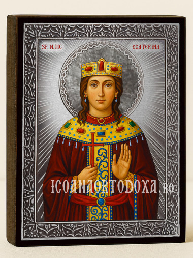 Icoană cu Sfânta Ecaterina cu raze argintii decorative