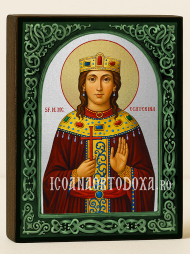 Icoană cu Sfânta Ecaterina cu arcadă florală verde