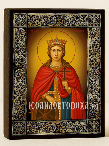 Icoană cu Sfânta Ecaterina cu ramă florală decorativă