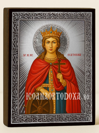 Icoană cu Sfânta Ecaterina cu raze argintii decorative