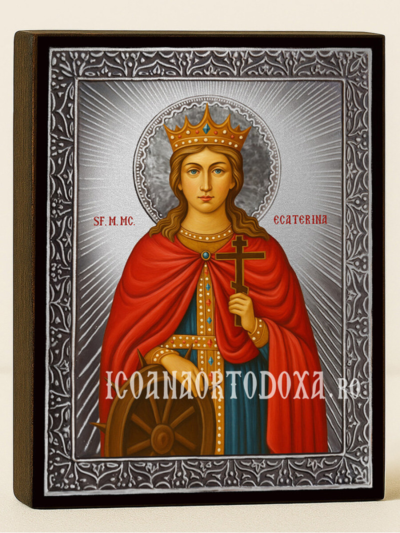 Icoană cu Sfânta Ecaterina cu raze argintii decorative