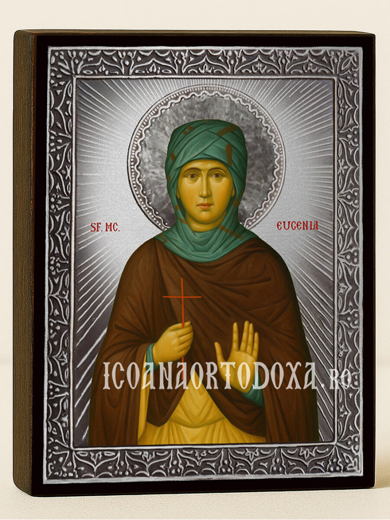 Icoană cu Sfânta Evghenia cu raze argintii decorative