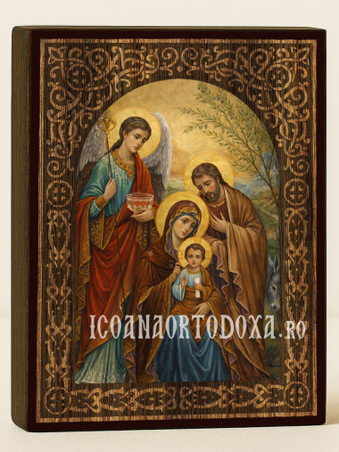 Icoană a lui Isus Hristos, a Sfintei Fecioare Maria și a Sfântului Iosif – cu arc floral