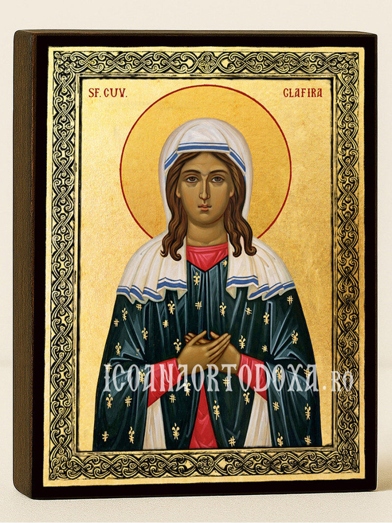 Icoană aurită cu Sfânta Glafira și ramă decorativă