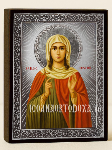 Icoană din argint cu Sfânta Hristina și raze decorative