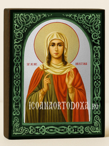 Icoană cu Sfânta Hristina cu arcadă florală verde și fundal argintiu