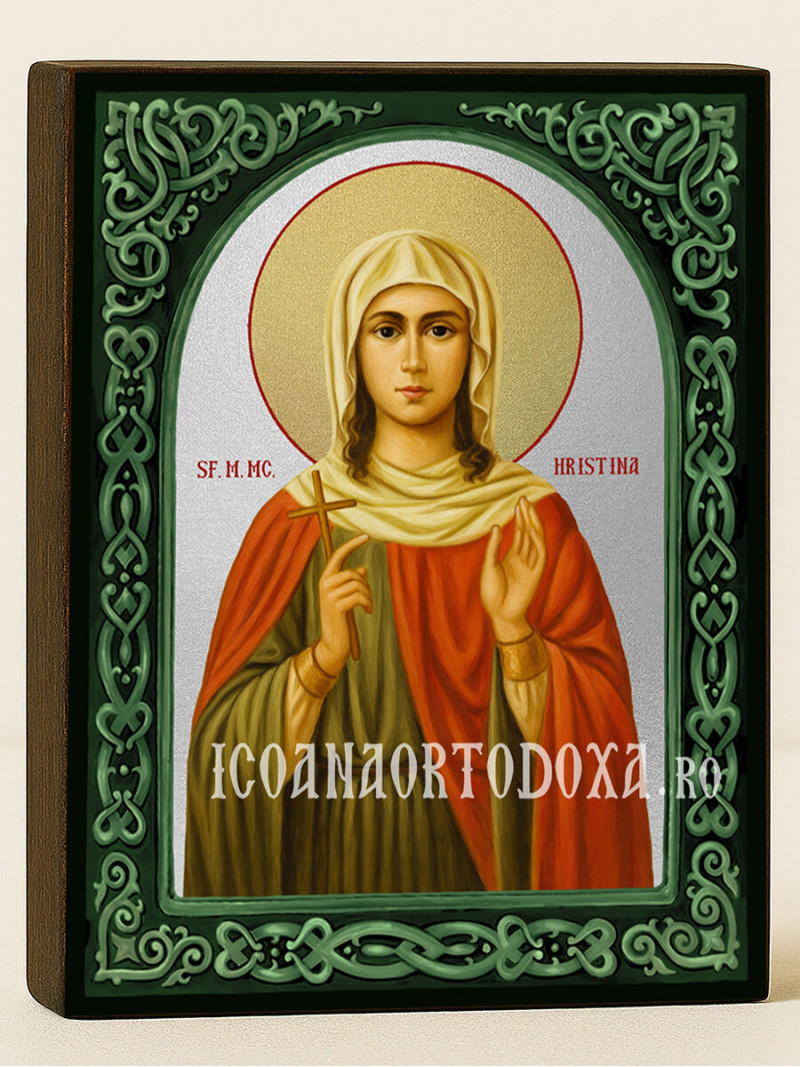 Icoană cu Sfânta Hristina cu arcadă florală verde și fundal argintiu
