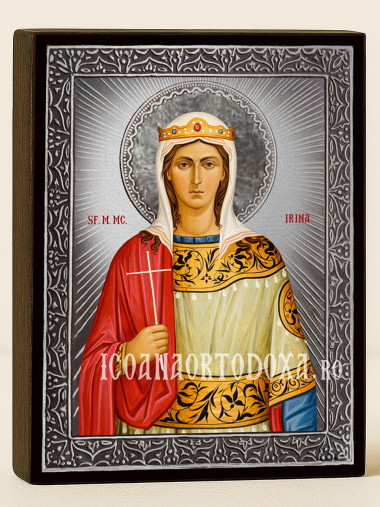 Icoană cu Sfânta Irina cu raze argintii decorative