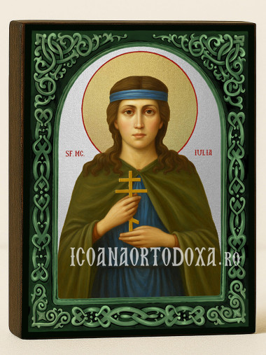 Icoană cu Sfânta Iulia cu arcadă florală verde și fundal argintiu