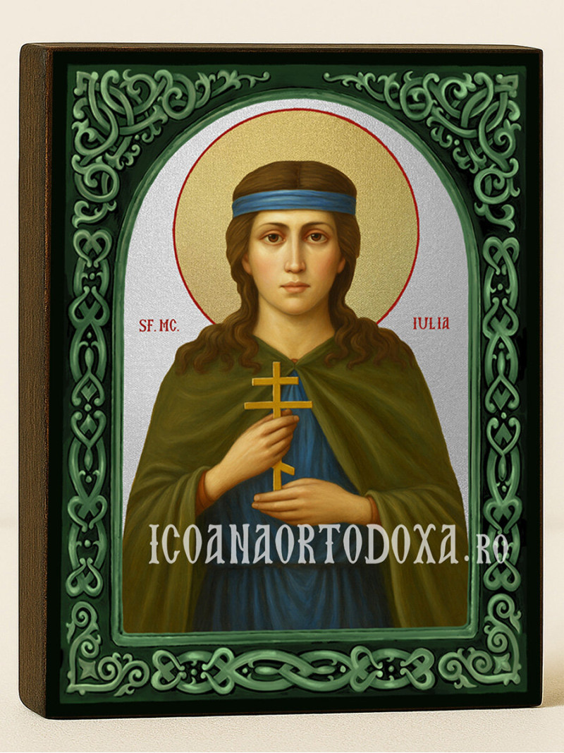 Icoană cu Sfânta Iulia cu arcadă florală verde și fundal argintiu