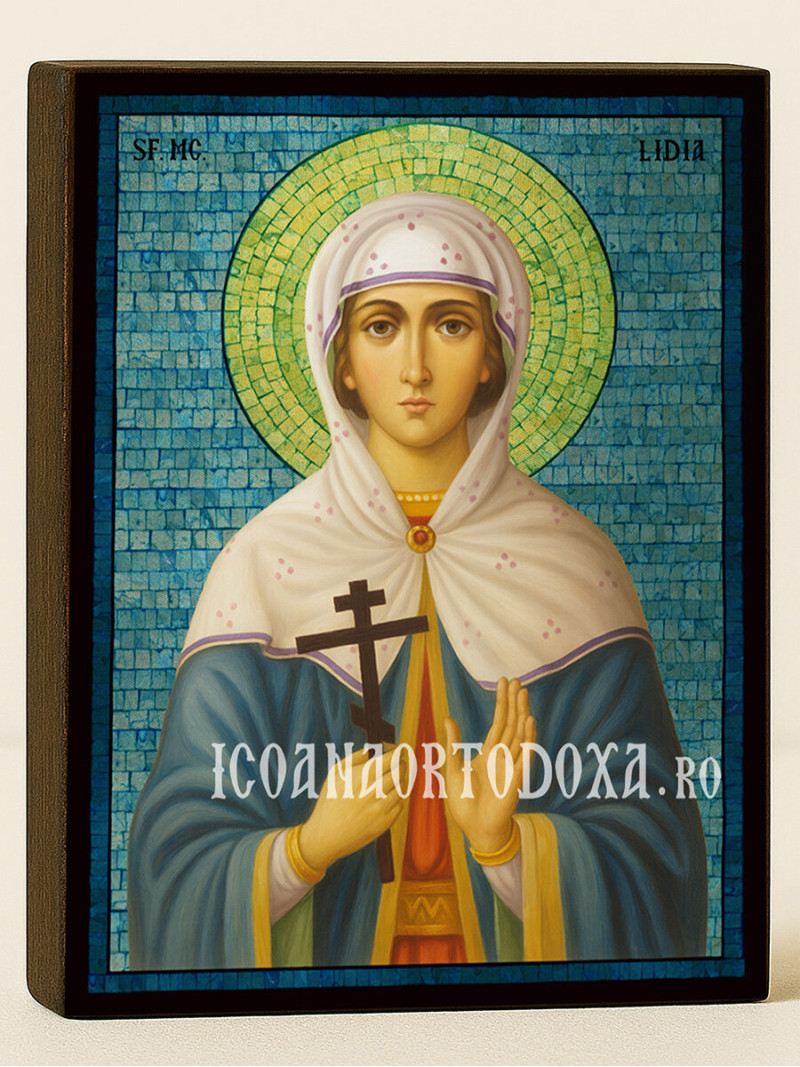 Icoană cu Sfânta Lidia cu mozaic albastru argintiu