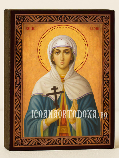 Icoană cu Sfânta Lidia cu ramă decorativă stil sculptat