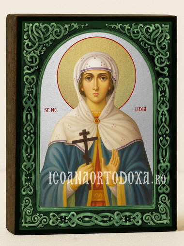 Icoană cu Sfânta Lidia cu arcadă florală verde și fond argintiu