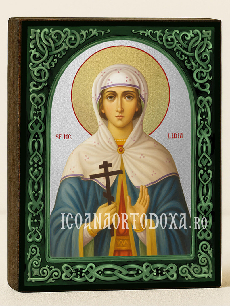 Icoană cu Sfânta Lidia cu arcadă florală verde și fond argintiu