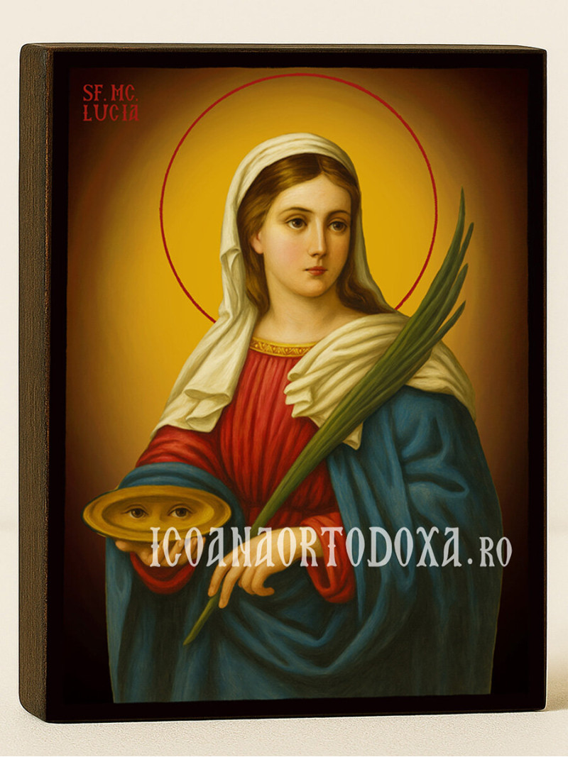 Icoană cu Sfânta Lucia cu fundal galben luminos