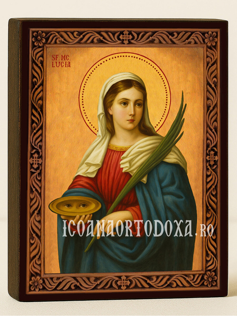 Icoană cu Sfânta Lucia cu ramă decorativă rustică