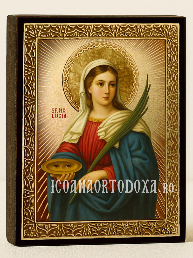 Icoană aurită cu Sfânta Lucia și raze luminoase